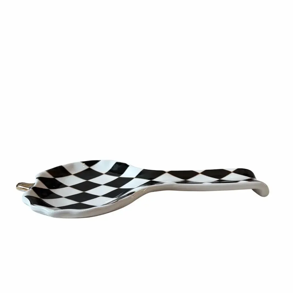Black & White Harlequin Pumpkin Spoon Rest 10in Ceramic Checkered Halloween NEW